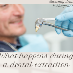 Instrument holds an extracted tooth with a patient smiling in the background